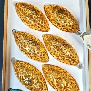 6 Gold Tone Filigree West Germany Christmas Ornaments